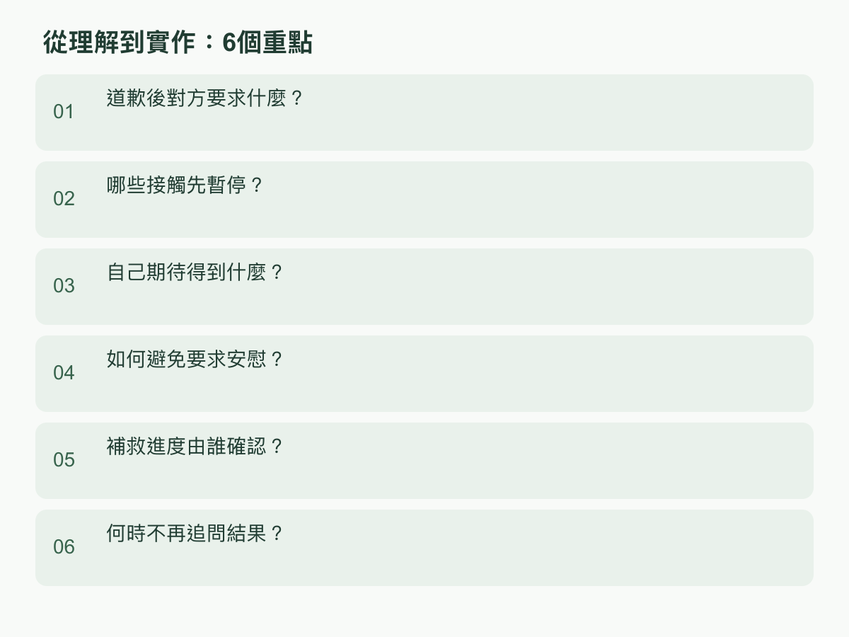 實作步驟：道歉後對方要求什麼？；哪些接觸先暫停？；自己期待得到什麼？；如何避免要求安慰？；補救進度由誰確認？；何時不再追問結果？