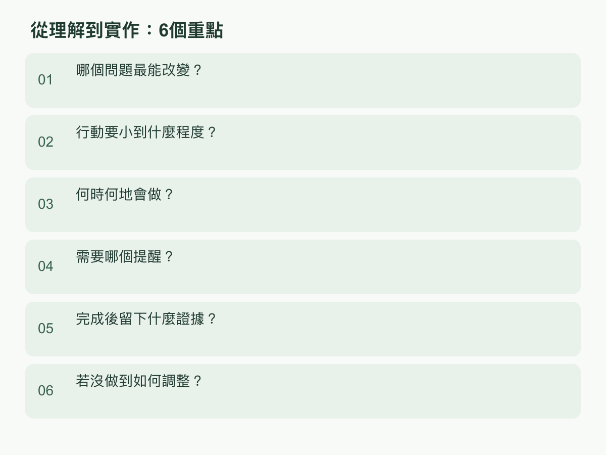 實作步驟：哪個問題最能改變？；行動要小到什麼程度？；何時何地會做？；需要哪個提醒？；完成後留下什麼證據？；若沒做到如何調整？