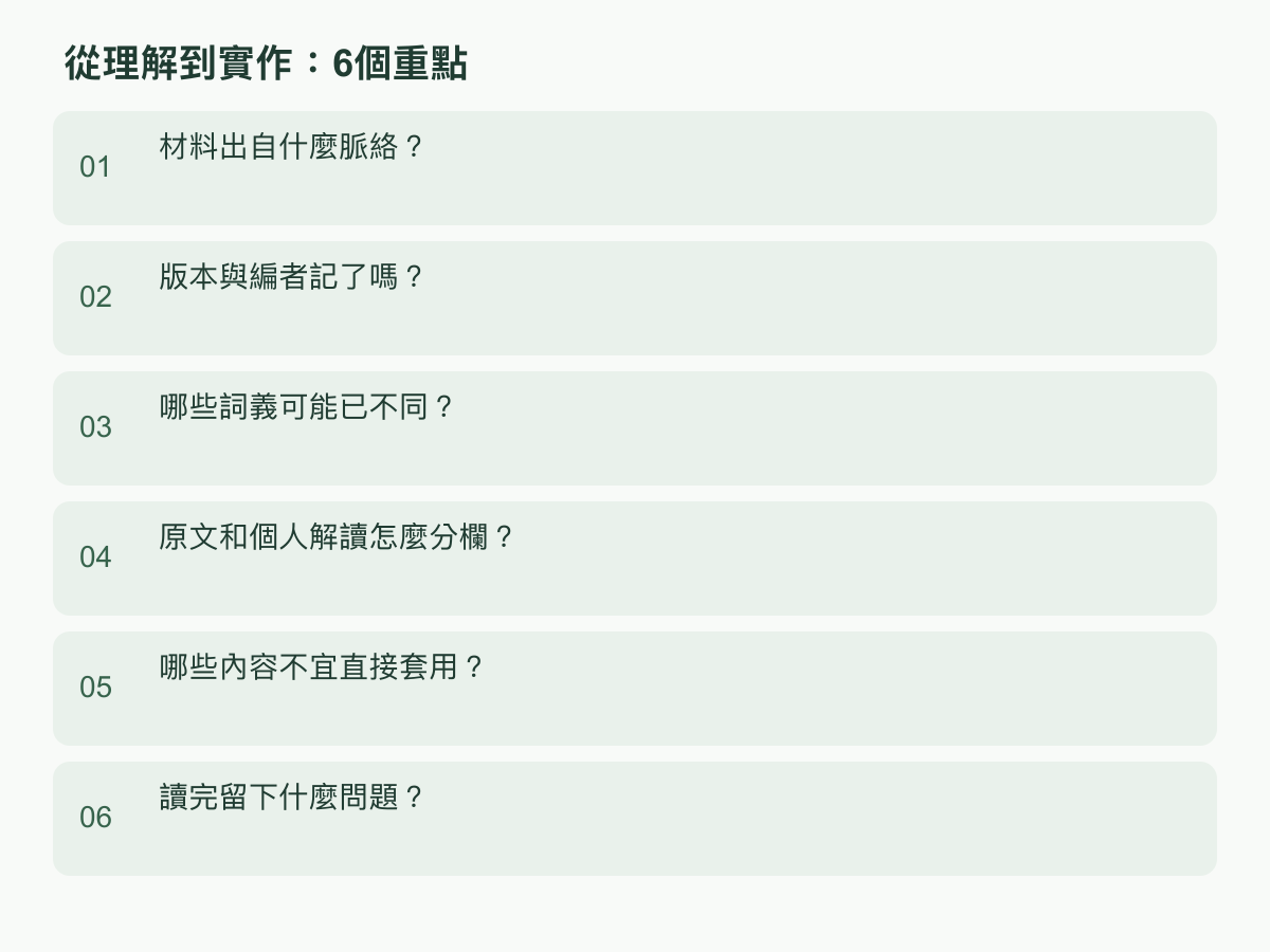 實作步驟:材料出自什麼脈絡?;版本與編者記了嗎?;哪些詞義可能已不同?;原文和個人解讀怎麼分欄?;哪些內容不宜直接套用?;讀完留下什麼問題?