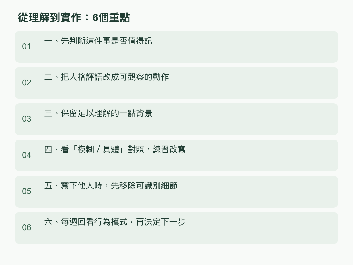 實作步驟:一、先判斷這件事是否值得記;二、把人格評語改成可觀察的動作;三、保留足以理解的一點背景;四、看「模糊/具體」對照,練習改寫;五、寫下他人時,先移除可識別細節;六、每週回看行為模式,再決定下一步