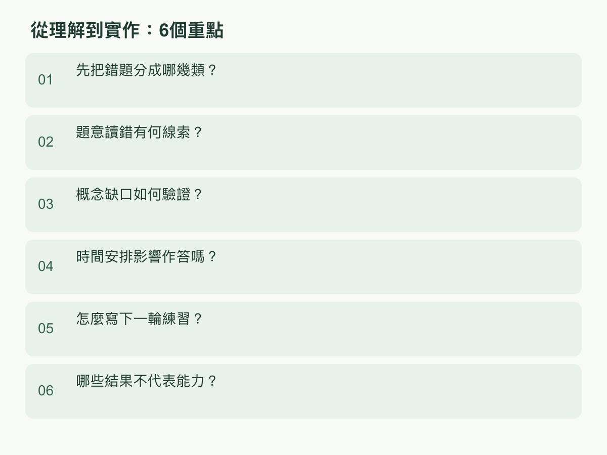 實作步驟：先把錯題分成哪幾類？；題意讀錯有何線索？；概念缺口如何驗證？；時間安排影響作答嗎？；怎麼寫下一輪練習？；哪些結果不代表能力？