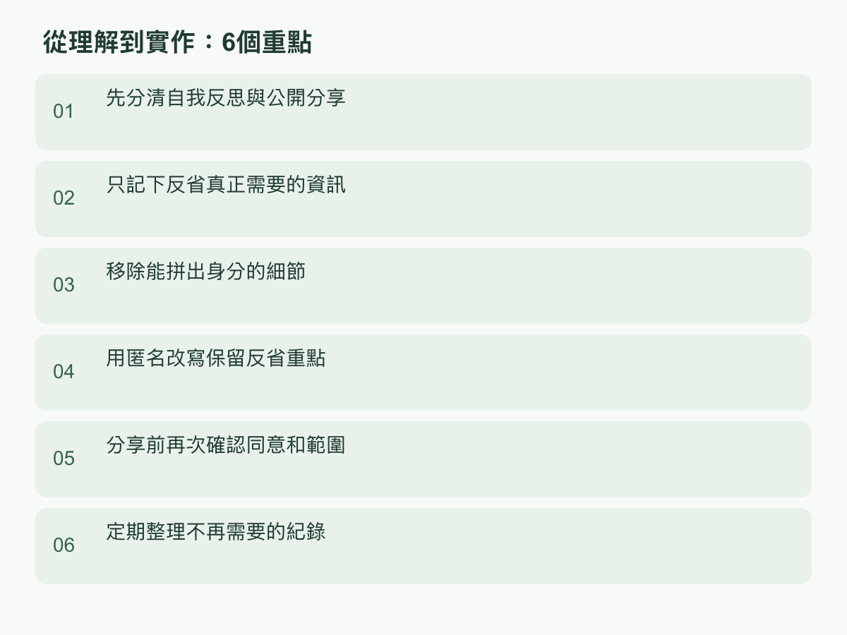 實作步驟：先分清自我反思與公開分享；只記下反省真正需要的資訊；移除能拼出身分的細節；用匿名改寫保留反省重點；分享前再次確認同意和範圍；定期整理不再需要的紀錄