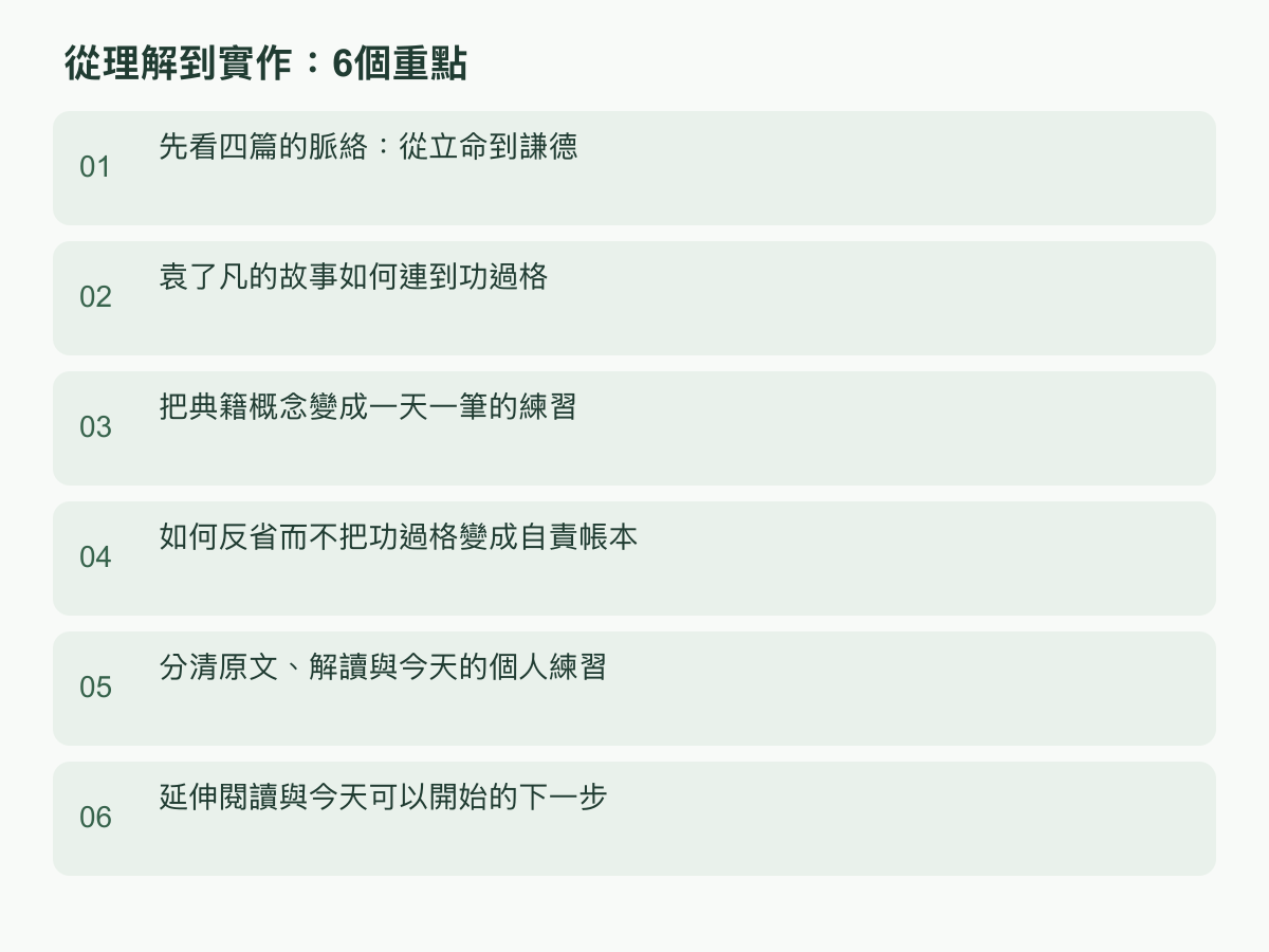 實作步驟:先看四篇的脈絡:從立命到謙德;袁了凡的故事如何連到功過格;把典籍概念變成一天一筆的練習;如何反省而不把功過格變成自責帳本;分清原文、解讀與今天的個人練習;延伸閱讀與今天可以開始的下一步