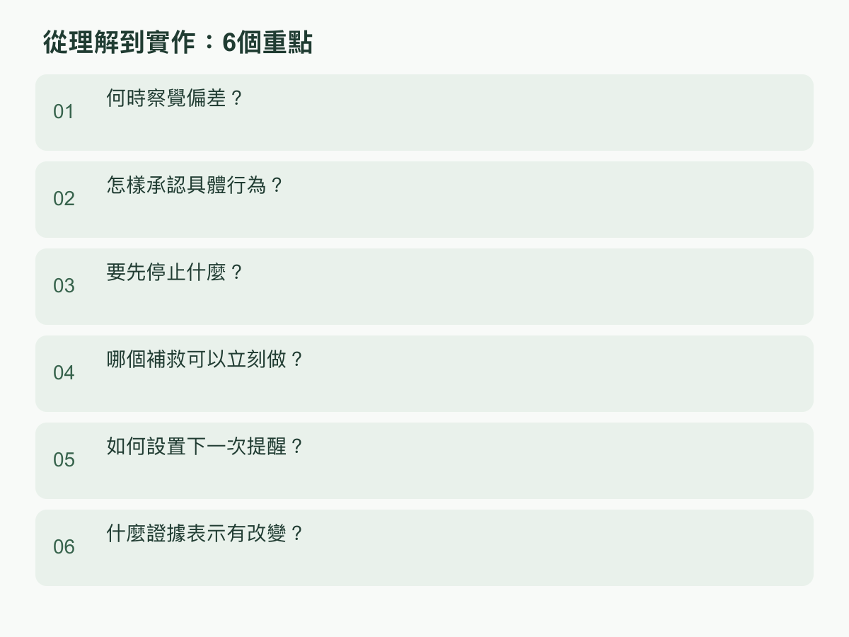 實作步驟:何時察覺偏差?;怎樣承認具體行為?;要先停止什麼?;哪個補救可以立刻做?;如何設置下一次提醒?;什麼證據表示有改變?