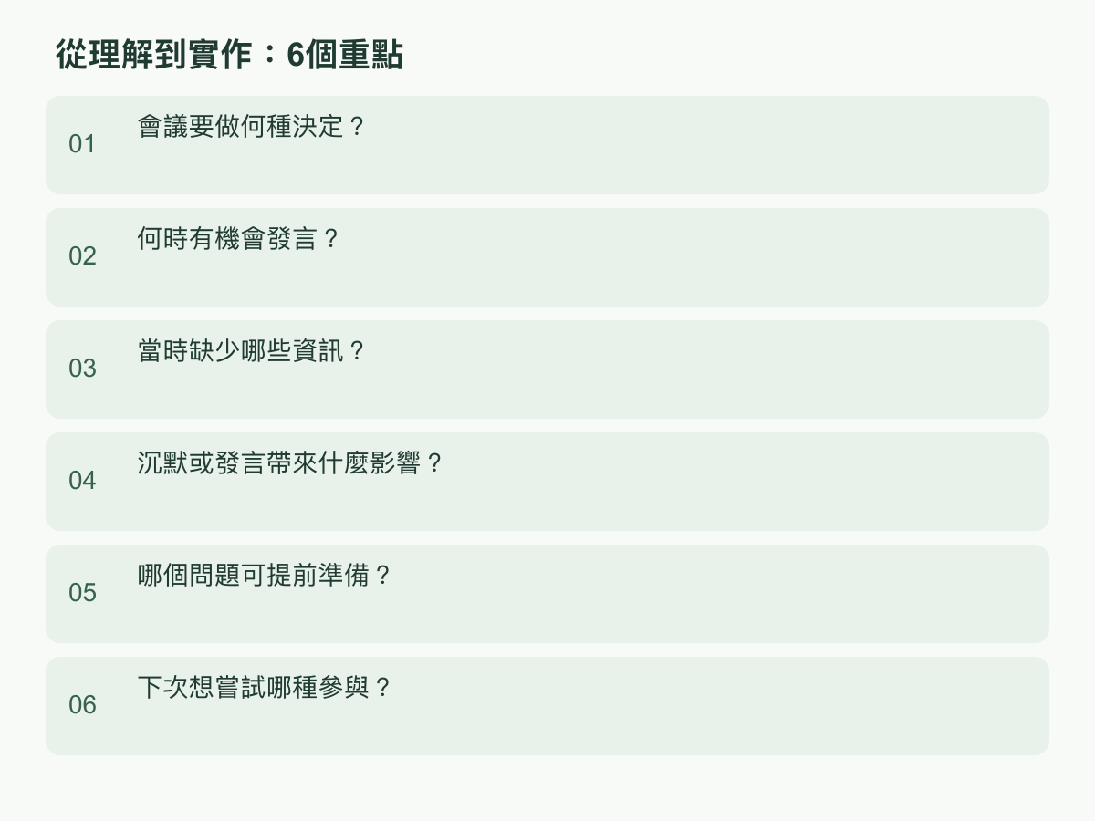 實作步驟:會議要做何種決定?;何時有機會發言?;當時缺少哪些資訊?;沉默或發言帶來什麼影響?;哪個問題可提前準備?;下次想嘗試哪種參與?