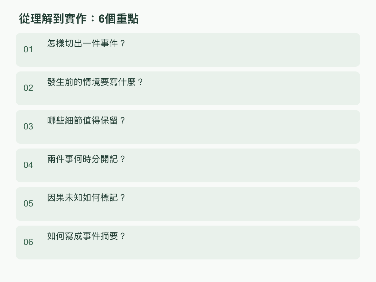 實作步驟:怎樣切出一件事件?;發生前的情境要寫什麼?;哪些細節值得保留?;兩件事何時分開記?;因果未知如何標記?;如何寫成事件摘要?