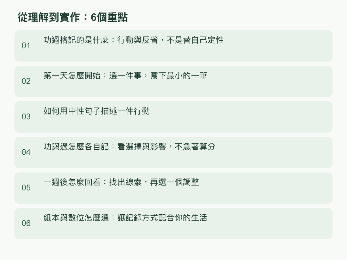 實作步驟:功過格記的是什麼:行動與反省,不是替自己定性;第一天怎麼開始:選一件事,寫下最小的一筆;如何用中性句子描述一件行動;功與過怎麼各自記:看選擇與影響,不急著算分;一週後怎麼回看:找出線索,再選一個調整;紙本與數位怎麼選:讓記錄方式配合你的生活