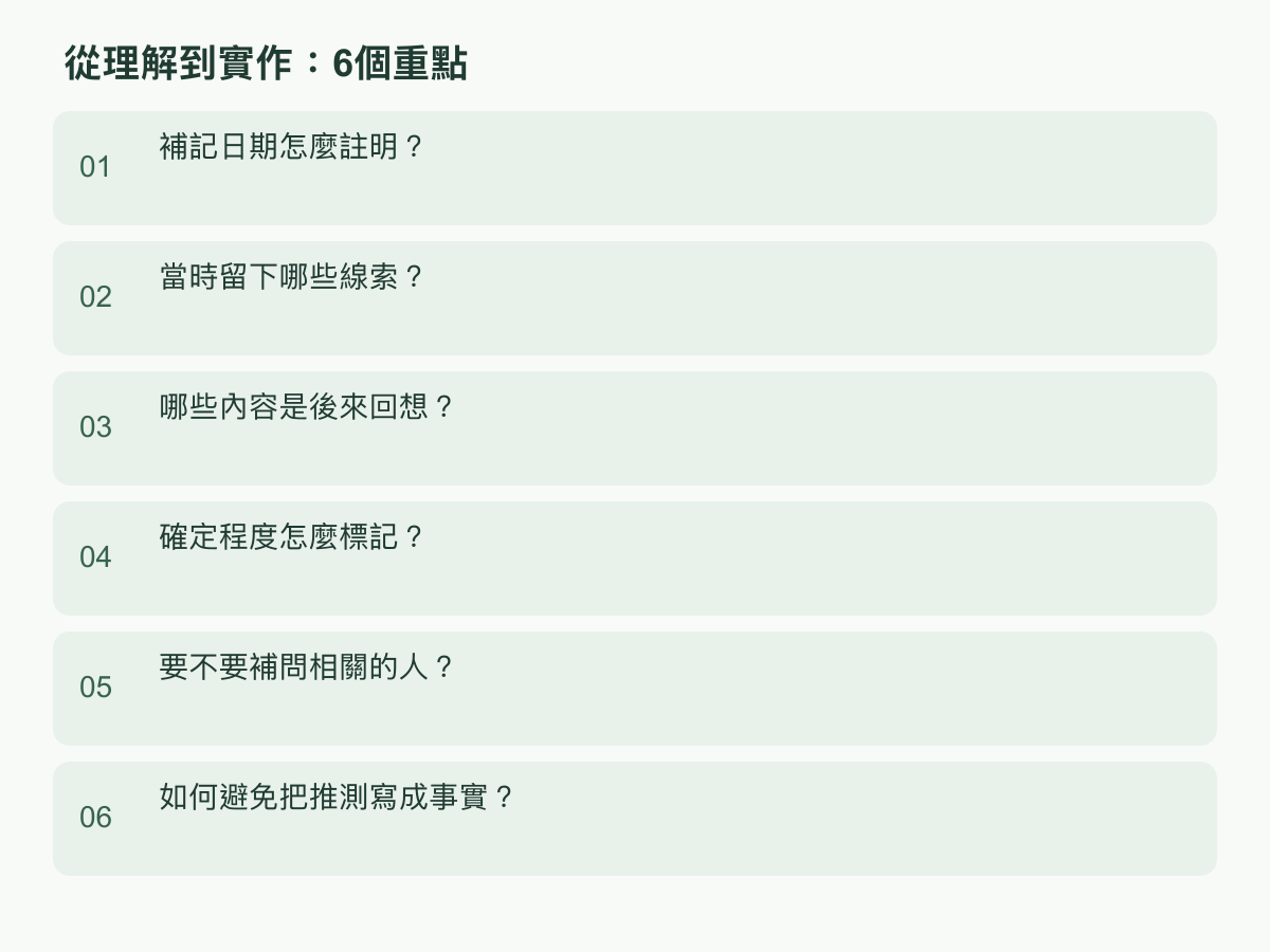 實作步驟:補記日期怎麼註明?;當時留下哪些線索?;哪些內容是後來回想?;確定程度怎麼標記?;要不要補問相關的人?;如何避免把推測寫成事實?