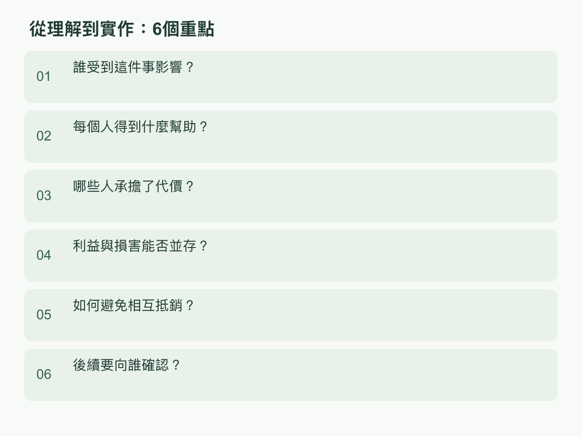 實作步驟:誰受到這件事影響?;每個人得到什麼幫助?;哪些人承擔了代價?;利益與損害能否並存?;如何避免相互抵銷?;後續要向誰確認?