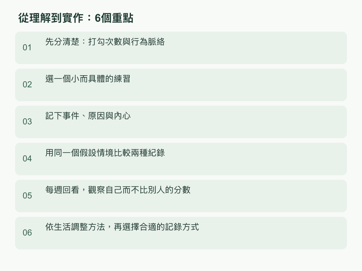 實作步驟：先分清楚：打勾次數與行為脈絡；選一個小而具體的練習；記下事件、原因與內心；用同一個假設情境比較兩種紀錄；每週回看，觀察自己而不比別人的分數；依生活調整方法，再選擇合適的記錄方式