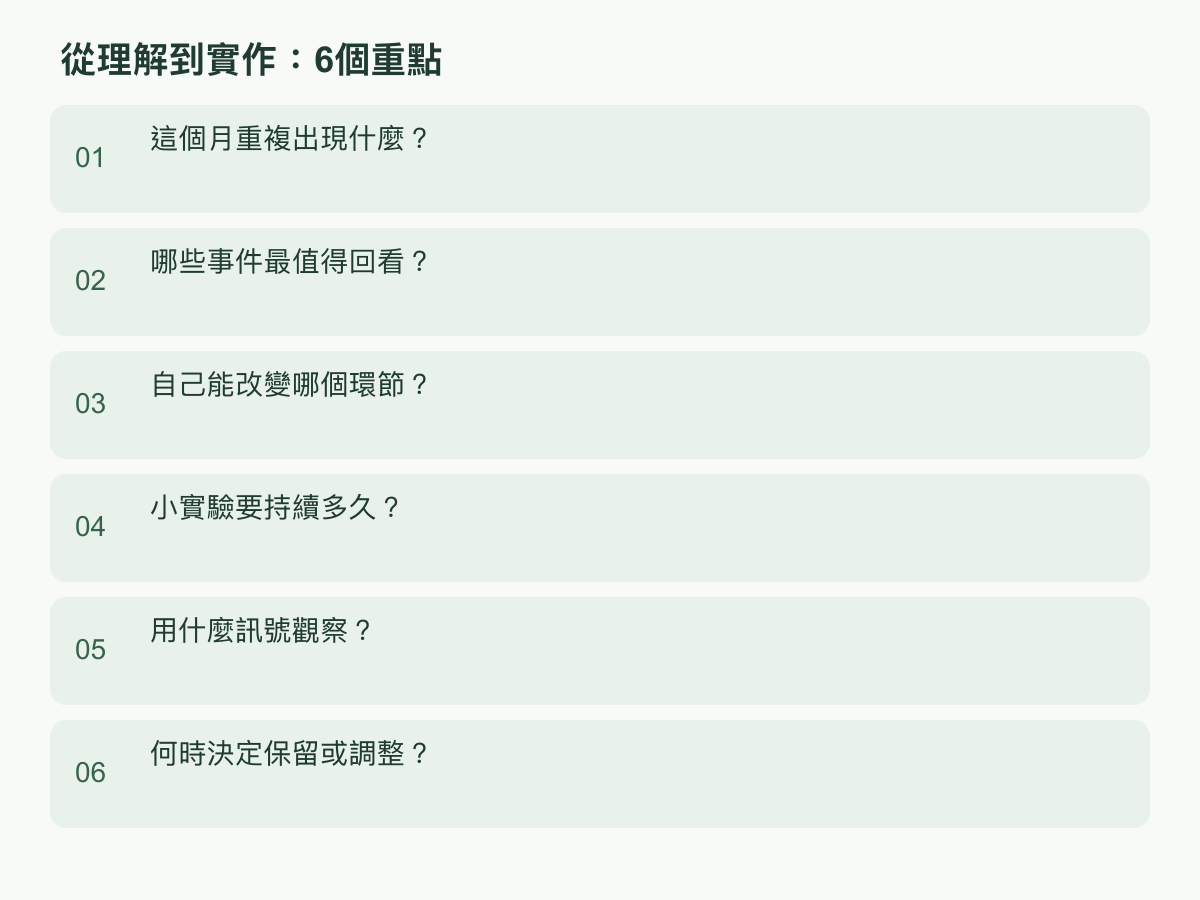 實作步驟：這個月重複出現什麼？；哪些事件最值得回看？；自己能改變哪個環節？；小實驗要持續多久？；用什麼訊號觀察？；何時決定保留或調整？