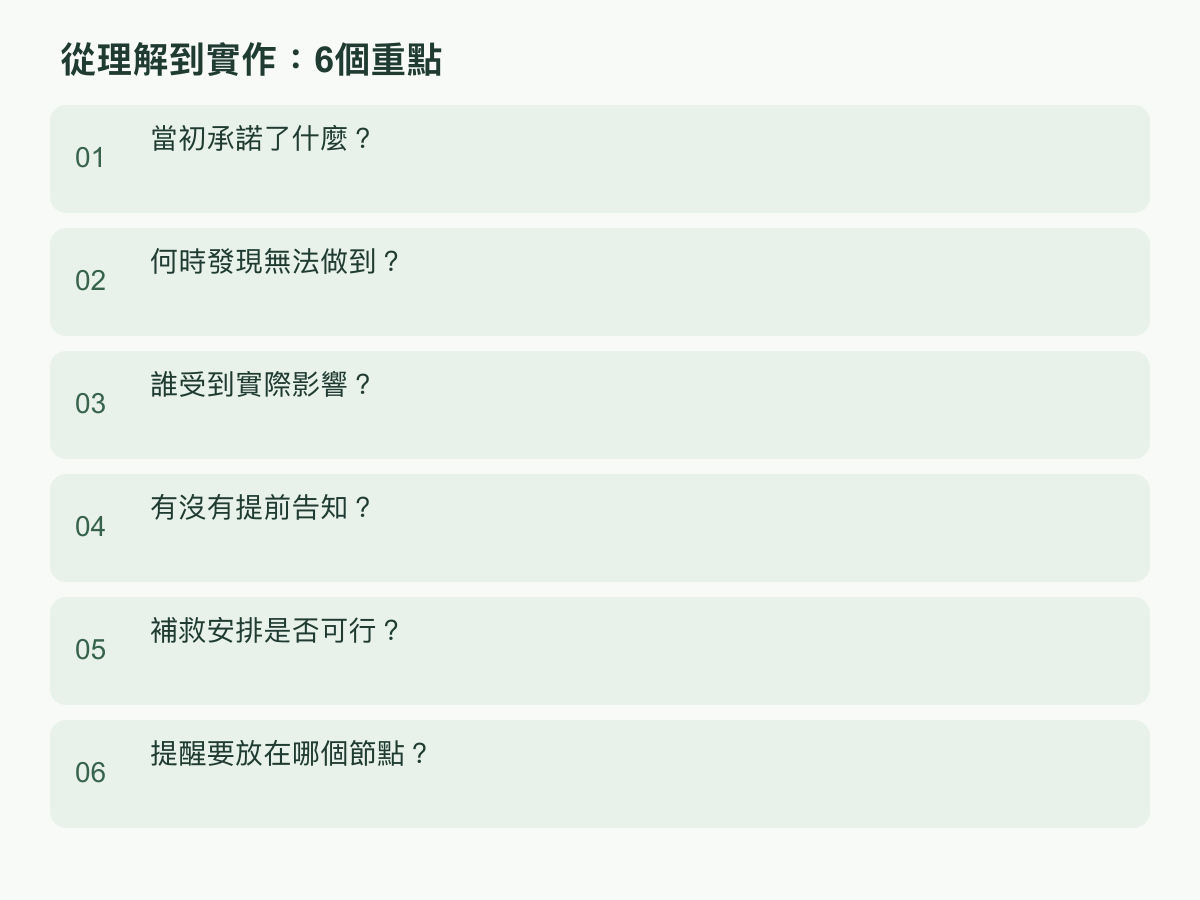 實作步驟:當初承諾了什麼?;何時發現無法做到?;誰受到實際影響?;有沒有提前告知?;補救安排是否可行?;提醒要放在哪個節點?
