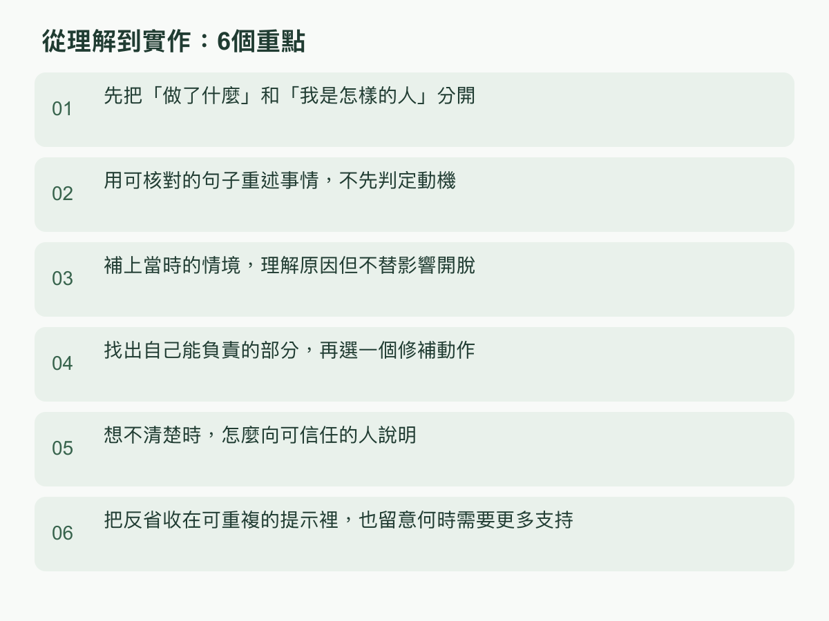 實作步驟：先把「做了什麼」和「我是怎樣的人」分開；用可核對的句子重述事情，不先判定動機；補上當時的情境，理解原因但不替影響開脫；找出自己能負責的部分，再選一個修補動作；想不清楚時，怎麼向可信任的人說明；把反省收在可重複的提示裡，也留意何時需要更多支持