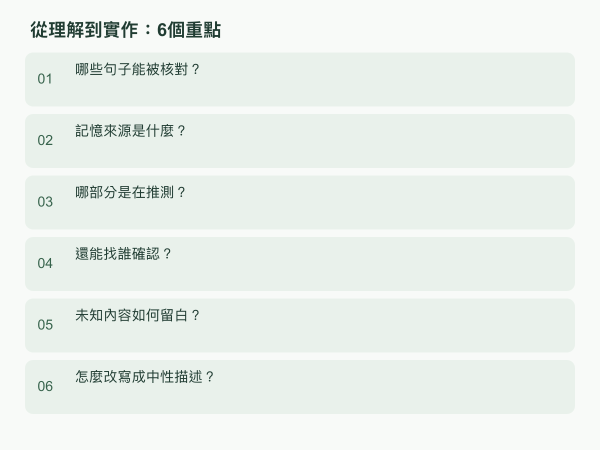 實作步驟:哪些句子能被核對?;記憶來源是什麼?;哪部分是在推測?;還能找誰確認?;未知內容如何留白?;怎麼改寫成中性描述?