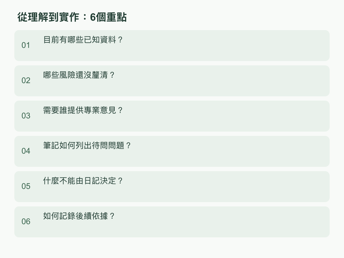 實作步驟:目前有哪些已知資料?;哪些風險還沒釐清?;需要誰提供專業意見?;筆記如何列出待問問題?;什麼不能由日記決定?;如何記錄後續依據?