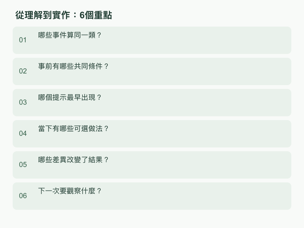 實作步驟:哪些事件算同一類?;事前有哪些共同條件?;哪個提示最早出現?;當下有哪些可選做法?;哪些差異改變了結果?;下一次要觀察什麼?
