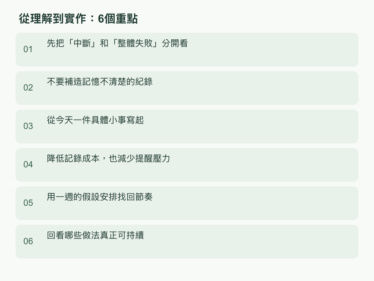 實作步驟:先把「中斷」和「整體失敗」分開看;不要補造記憶不清楚的紀錄;從今天一件具體小事寫起;降低記錄成本,也減少提醒壓力;用一週的假設安排找回節奏;回看哪些做法真正可持續