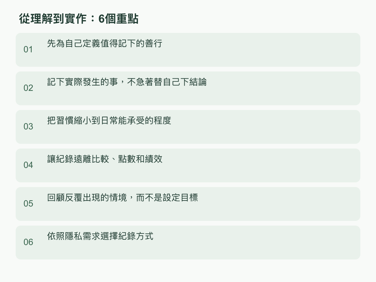 實作步驟：先為自己定義值得記下的善行；記下實際發生的事，不急著替自己下結論；把習慣縮小到日常能承受的程度；讓紀錄遠離比較、點數和績效；回顧反覆出現的情境，而不是設定目標；依照隱私需求選擇紀錄方式