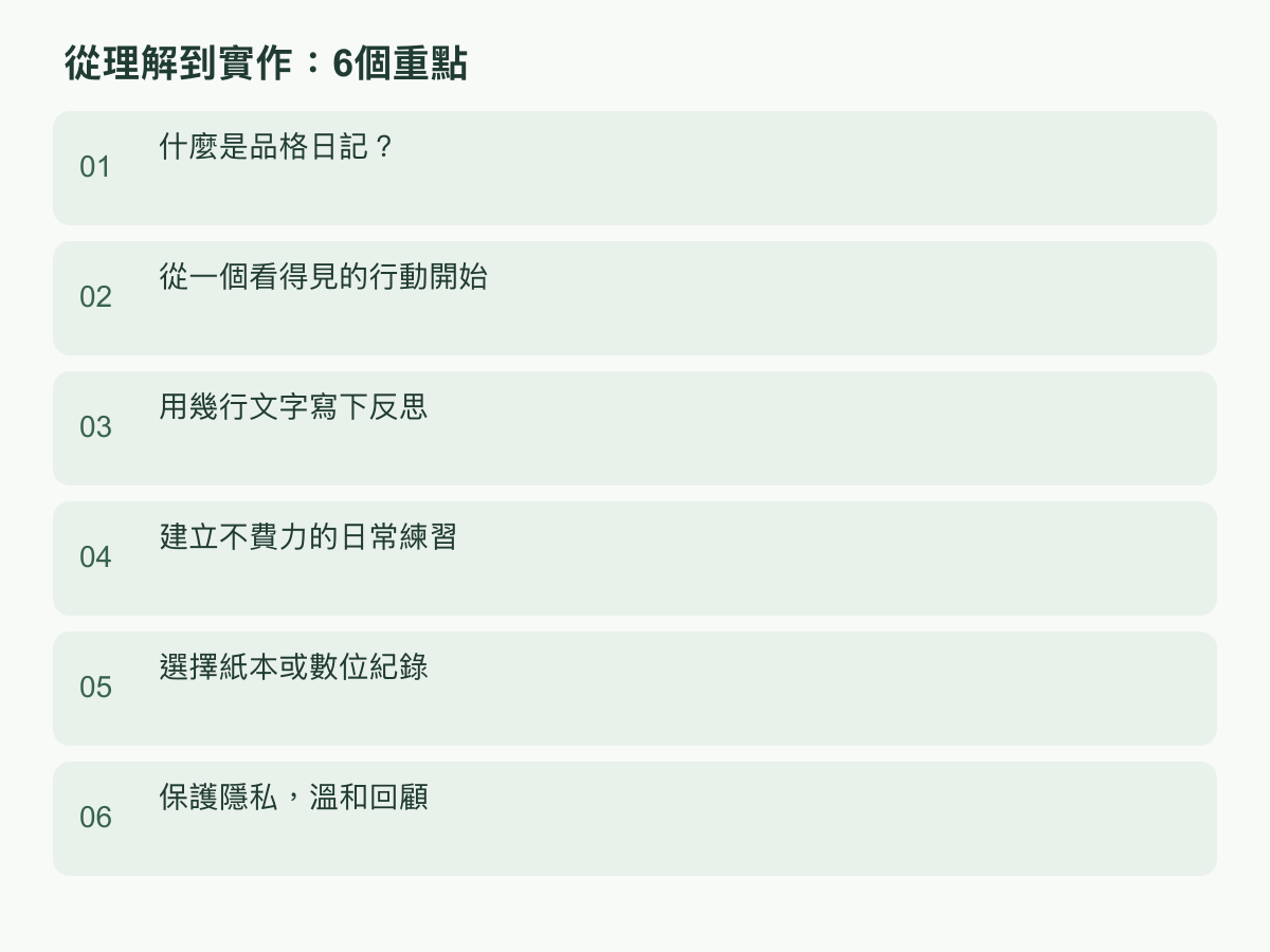 實作步驟：什麼是品格日記？；從一個看得見的行動開始；用幾行文字寫下反思；建立不費力的日常練習；選擇紙本或數位紀錄；保護隱私，溫和回顧