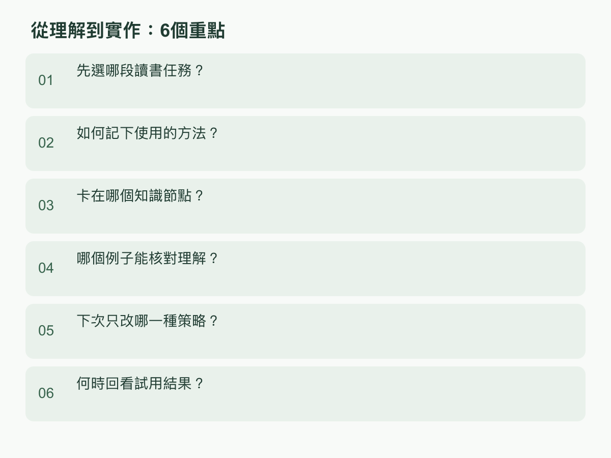 實作步驟：先選哪段讀書任務？；如何記下使用的方法？；卡在哪個知識節點？；哪個例子能核對理解？；下次只改哪一種策略？；何時回看試用結果？