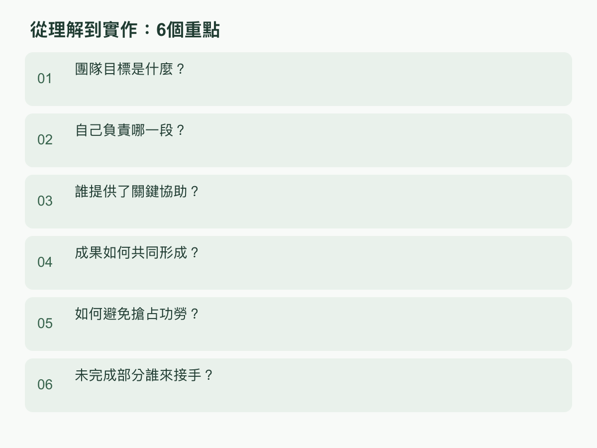 實作步驟:團隊目標是什麼?;自己負責哪一段?;誰提供了關鍵協助?;成果如何共同形成?;如何避免搶占功勞?;未完成部分誰來接手?