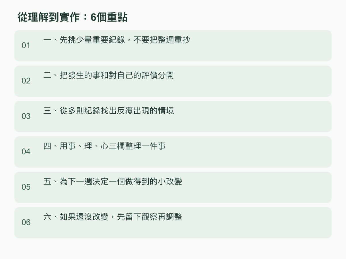 實作步驟:一、先挑少量重要紀錄,不要把整週重抄;二、把發生的事和對自己的評價分開;三、從多則紀錄找出反覆出現的情境;四、用事、理、心三欄整理一件事;五、為下一週決定一個做得到的小改變;六、如果還沒改變,先留下觀察再調整